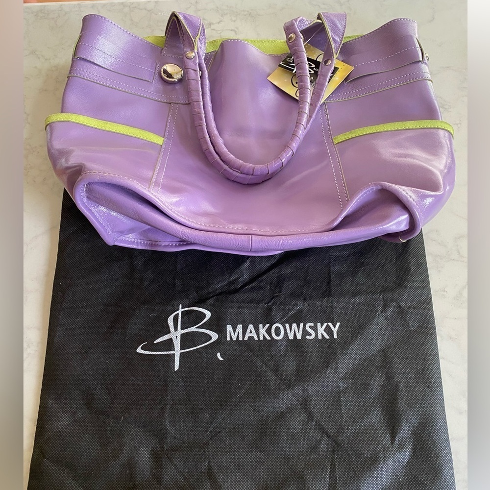 B Makowsky Purple Patten Leather Burbank Tote Bag with Green Accents NWT - Picture 10 of 10